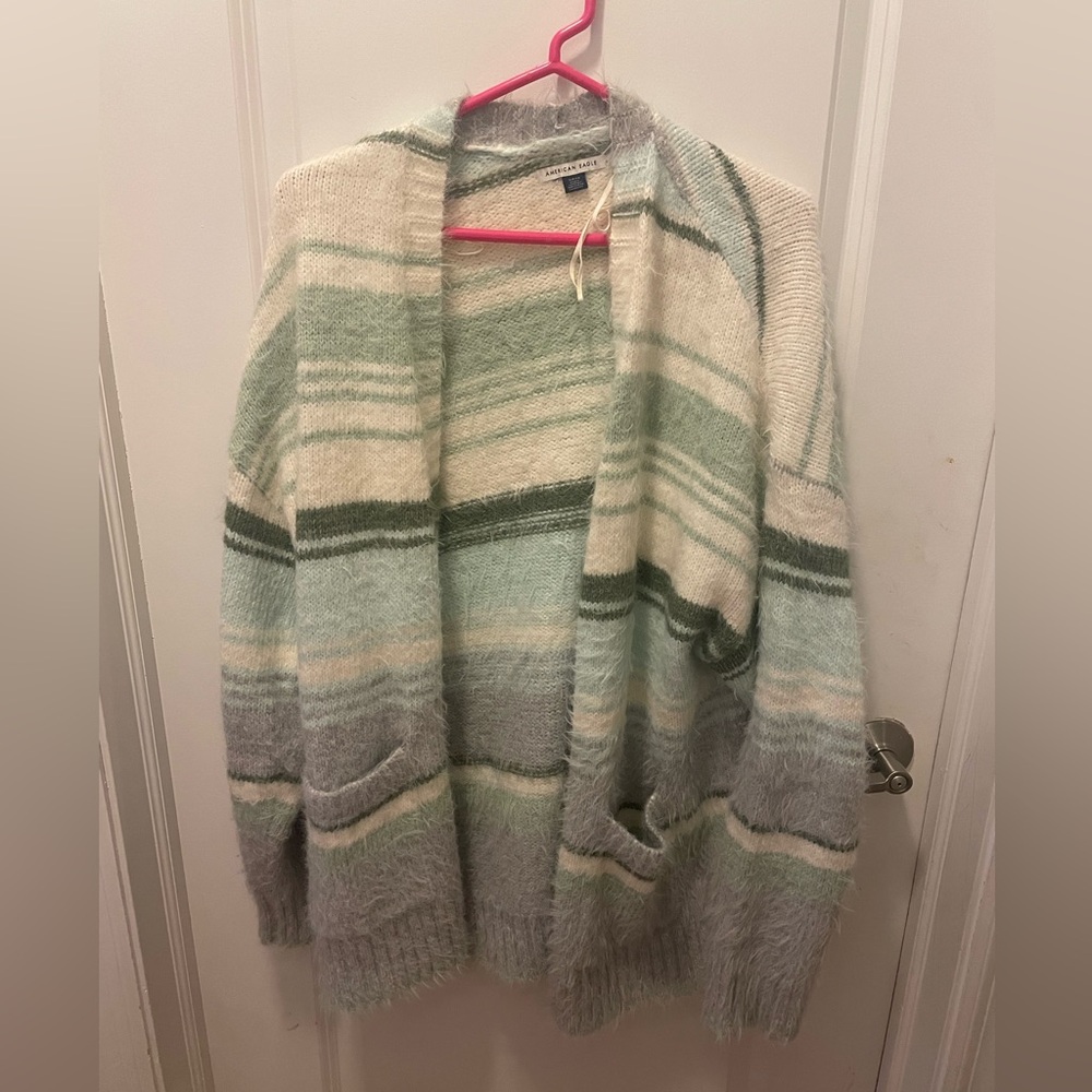 American Eagle Outfitters Green and Gray Striped Cardigan